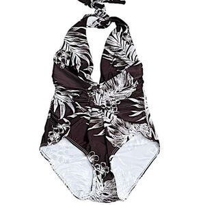 Tommy Bahama Shirred Plunge Halter One Piece Swimsuit in Barolo Brown NWT Size 8